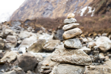 Zen rock arrangement along trail to mountains of Nepal