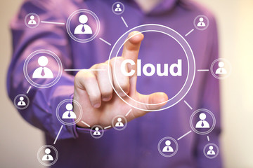 Businessman pushing button cloud web icon