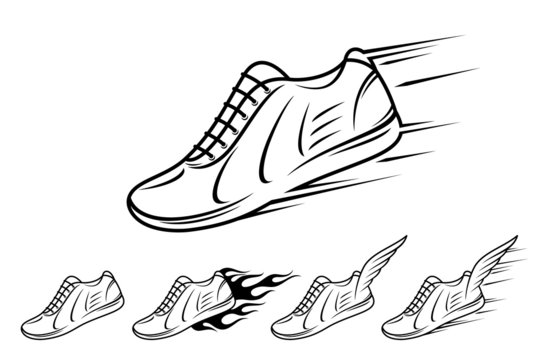 Running shoe icons with speed, motion and fire trails