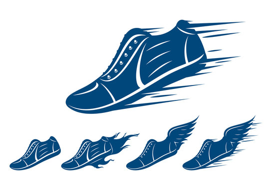 Running shoe icons, sports shoe with motion and fire trails