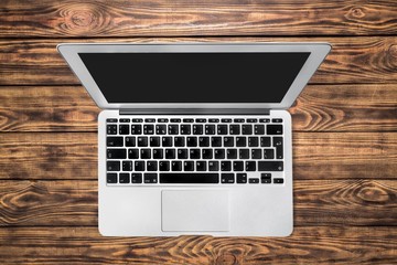 Laptop. Top view of modern retina laptop with English keyboard