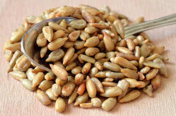 Detail of spoon in heap of hulled sunflower seeds