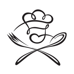 black illustration of spoon, fork and chef