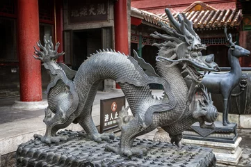 Gordijnen Bronze figures of a dragon and the deer - symbols of longevity © seregayu