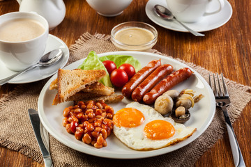 English breakfast with sausage