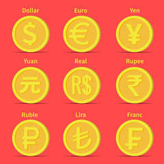 Dollar, euro, yen, yuan, real, rupee, ruble, lira, franc