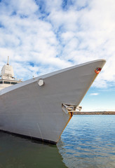 Moored battle ship with radar.