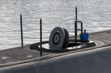 Open hatch in a submarine. Boat maintenance.