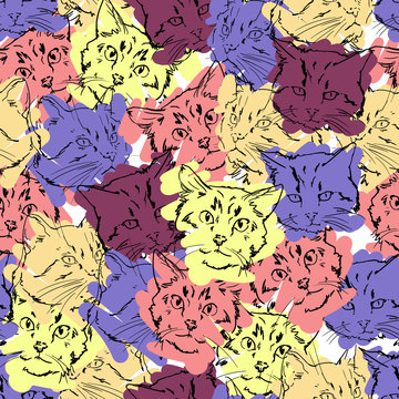 cats kittens cute sketch vector illustration seamless