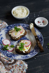 Cottage cheese and garden radish sandwich