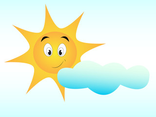 Cute sun with happy face with cloud on white board