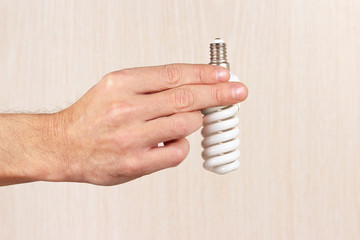 Hand holding a tungsten bulb on a light wood background