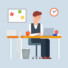 Workday and workplace concept. Vector illustration of a man in t