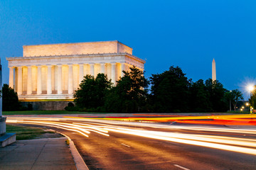 Light trail at Lincoln Memorial, Washington DC, USA.