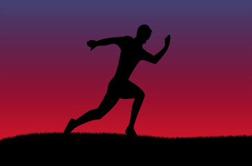 Fototapeta na wymiar Silhouette of running man with sunset colorful background