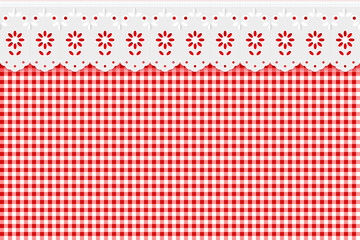 Openwork embroidery on checkered red pattern background - obrazy, fototapety, plakaty