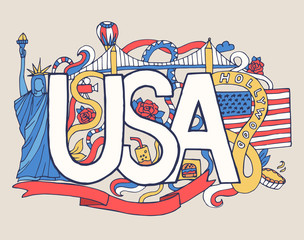 USA art abstract hand lettering and doodles elements background