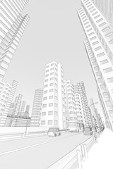 高層ビル街と車道