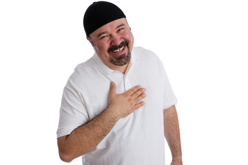 Happy satisfied man shows his gratitude in prayer