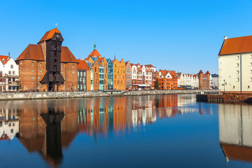 Fototapeta na wymiar View of the riverside by the Motlawa river in Gdansk, Poland.