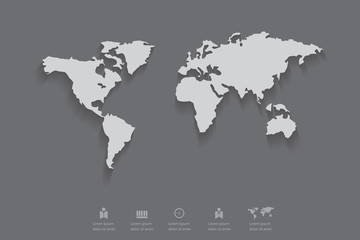 Gray color of world map with shadow,eps 10 vector.