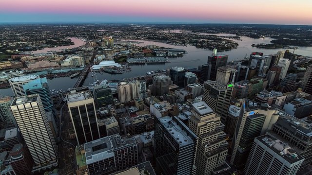 Aerial Panoramic Timelapse of Sunrise Over Sydney