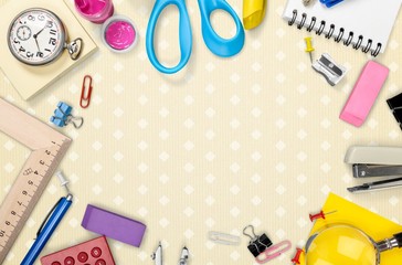 Background. School and office supplies isolated on white