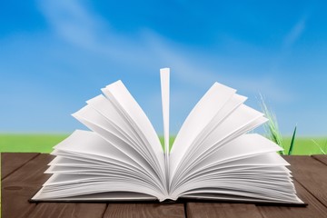 Book. Open book on wooden plank over sunset rays. Education