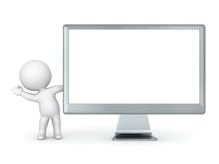 3D Character Waving from behind Wide Computer Monitor