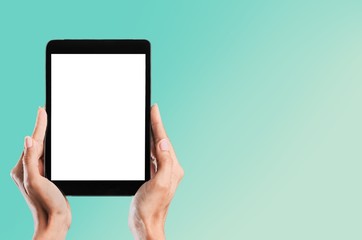 Tablet. Man hands holding a white tablet computer gadget with