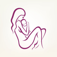 mom and baby stylized vector symbol, outlined sketch