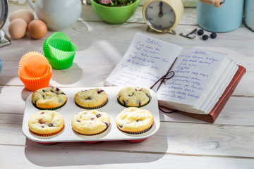 Decorating tasty muffins with sweet cream