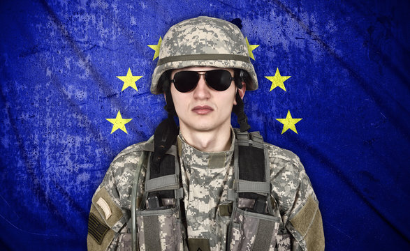 soldier and European Union flag