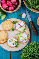 Helathy spring breakfast,crackers with fresh vegetables