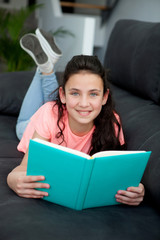 Young girl reading a book on the sofa