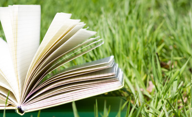 Summer spring backgound with stack of books and open book and bo