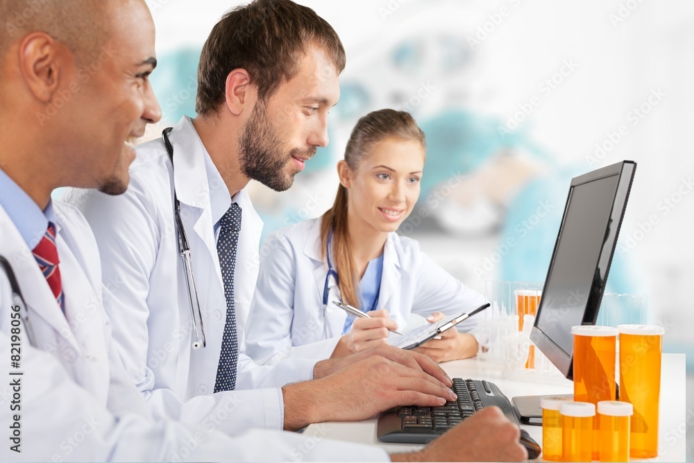 Poster laboratory. scientists working on computer in the laboratory.