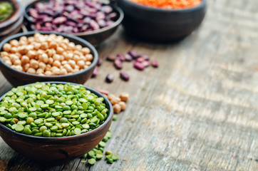 bean. green and yellow peas, colored beans, chickpeas, green and