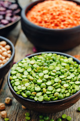 bean. green and yellow peas, colored beans, chickpeas, green and