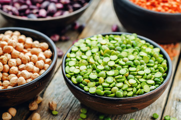 bean. green and yellow peas, colored beans, chickpeas, green and