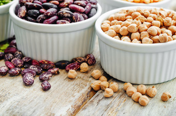 bean. green and yellow peas, colored beans, chickpeas, green and