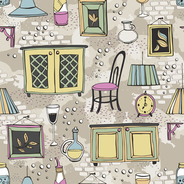 Seamless pattern of European cafe or restaurant.
