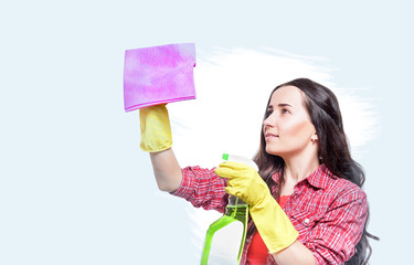 Young happy housewife cleaning.