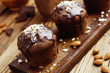 Homemade chocolate muffins with nuts