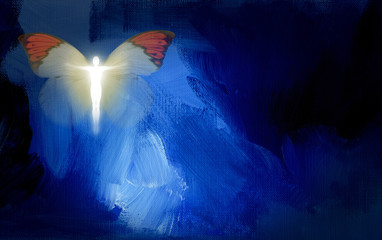 Abstract graphic with human figure and butterfly wings