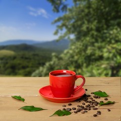 Americano. Cup of fresh coffee with coffee beans on wooden table