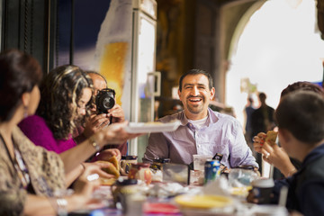 Family having dinner together at table