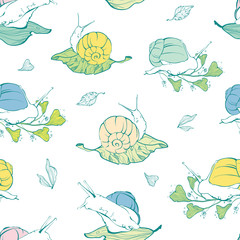 Vector lineart snails on leaves seamless pattern background