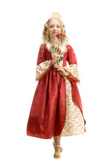 Fototapeta na wymiar Beautiful little girl in princess costume standing with red rose