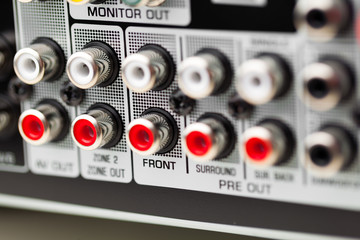 RCA sockets of audio surround receiver amplifier